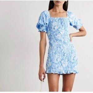 Faithfull The Brand Magnolia Mini Dress Blue Roos Tie Dye Puff Sleeve XS